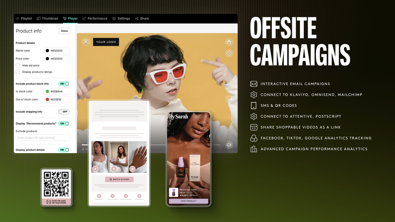 Offsite campaigns via email, sms, qr codes. AI video links