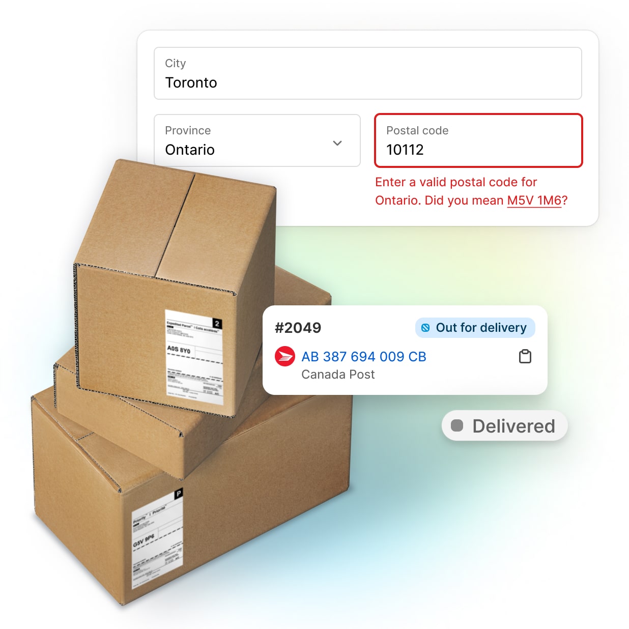 Three boxes stacked vertically, with two boxes displaying shipping labels