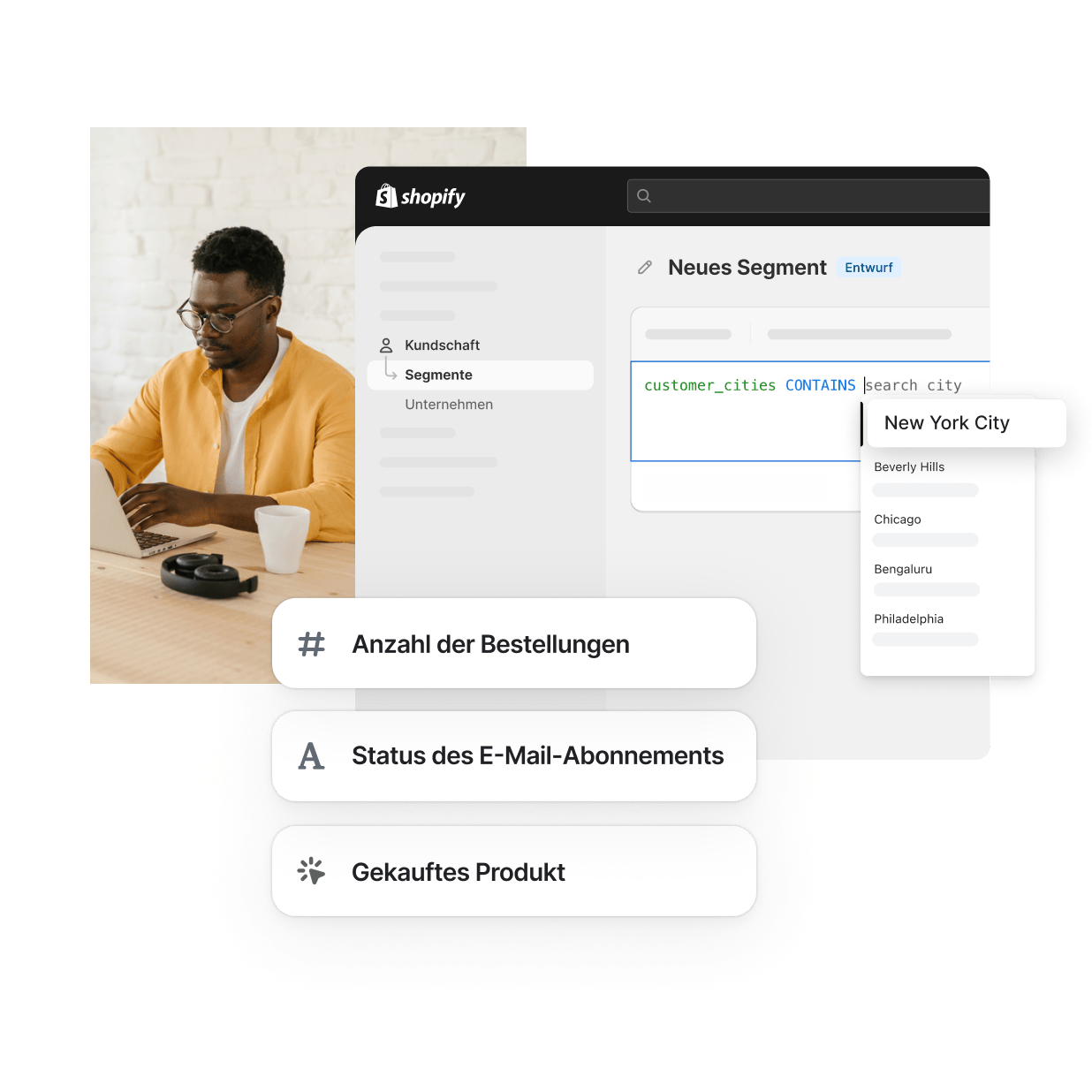 Im Bereich "Kundensegmente" im Shopify-Adminbereich werden Filter für verschiedene Segmente wie Standort, Anzahl der Bestellungen, E-Mail-Abonnementstatus und gekaufte Produkte angezeigt. Ein afroamerikanischer Händler mit einem gelben Hemd wird gezeigt, der auf einem Laptop tippt und effizient arbeitet.