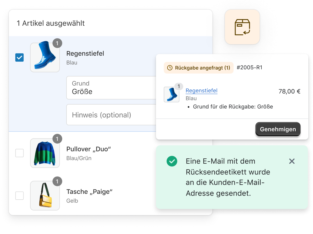 Das Bild zeigt einen Computerbildschirm mit einer offenen Rückgabeanfrage eines Kunden oder einer Kundin mit Schmuckstücken. Oben befindet sich eine Schaltfläche mit der Aufschrift "Rückgabe anfragen", die anzeigt, dass der Kunde bzw. die Kundin einen Artikel zurückgeben oder umtauschen möchte. Der Bildschirm zeigt auch ein Fenster, in dem die Rückgabe genehmigt und eine E-Mail mit der Rückgabebestätigung gesendet werden kann. Wahrscheinlich überlegt der Kunde bzw. die Kundin gerade, ob er oder sie den erhaltenen Schmuckartikel zurückschicken oder umtauschen möchte.
