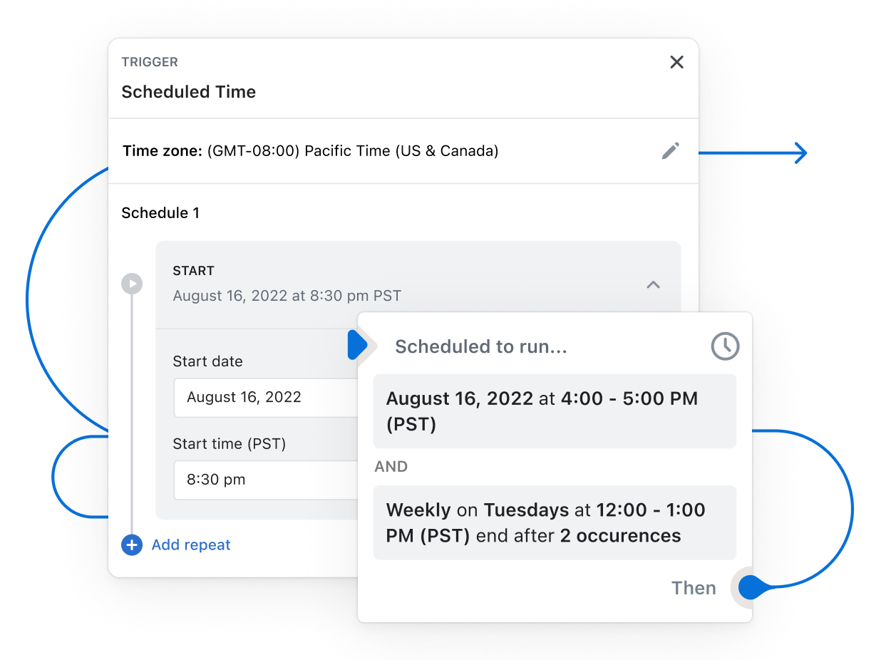 A workflow begins to build using the trigger “Inventory quantity changed” and several conditions and actions update as the workflow progresses.