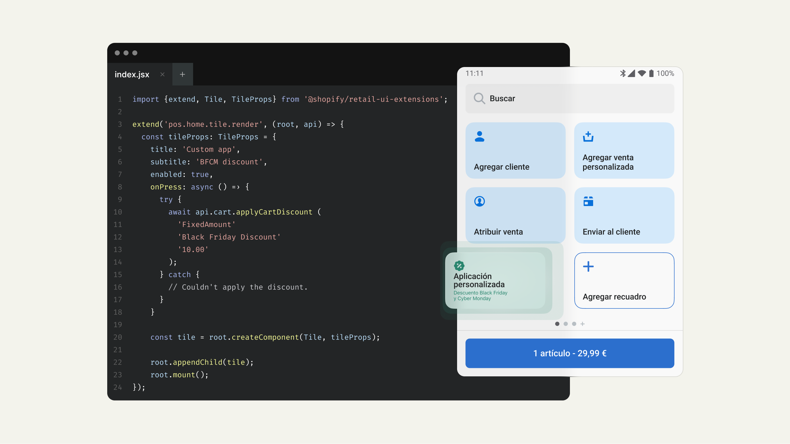 Una aplicación personalizada que se agrega a Shopify POS: en primer plano, la aplicación aparece en la pantalla de inicio de POS; en el fondo, aparece el código necesario para ejecutar la aplicación.