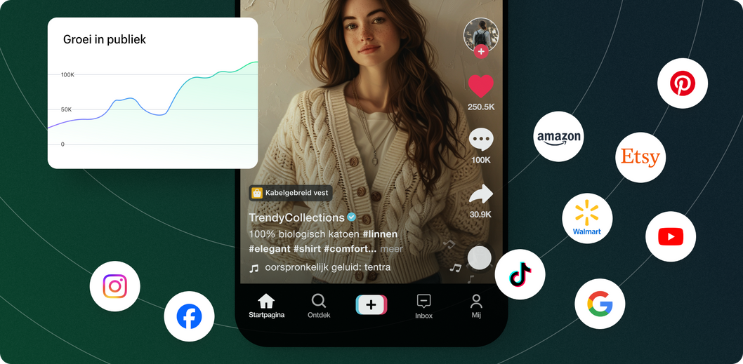 Een telefoonscherm waarop een vrouw te zien is die een overhemd draagt op TikTok, met zwevende social media-iconen eromheen en een lijndiagram dat de groei van het publiek laat zien.