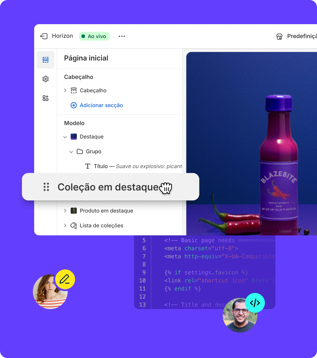 Diversos utilizadores a utilizar o Liquid e o editor de lojas online Shopify para criar uma loja em conjunto