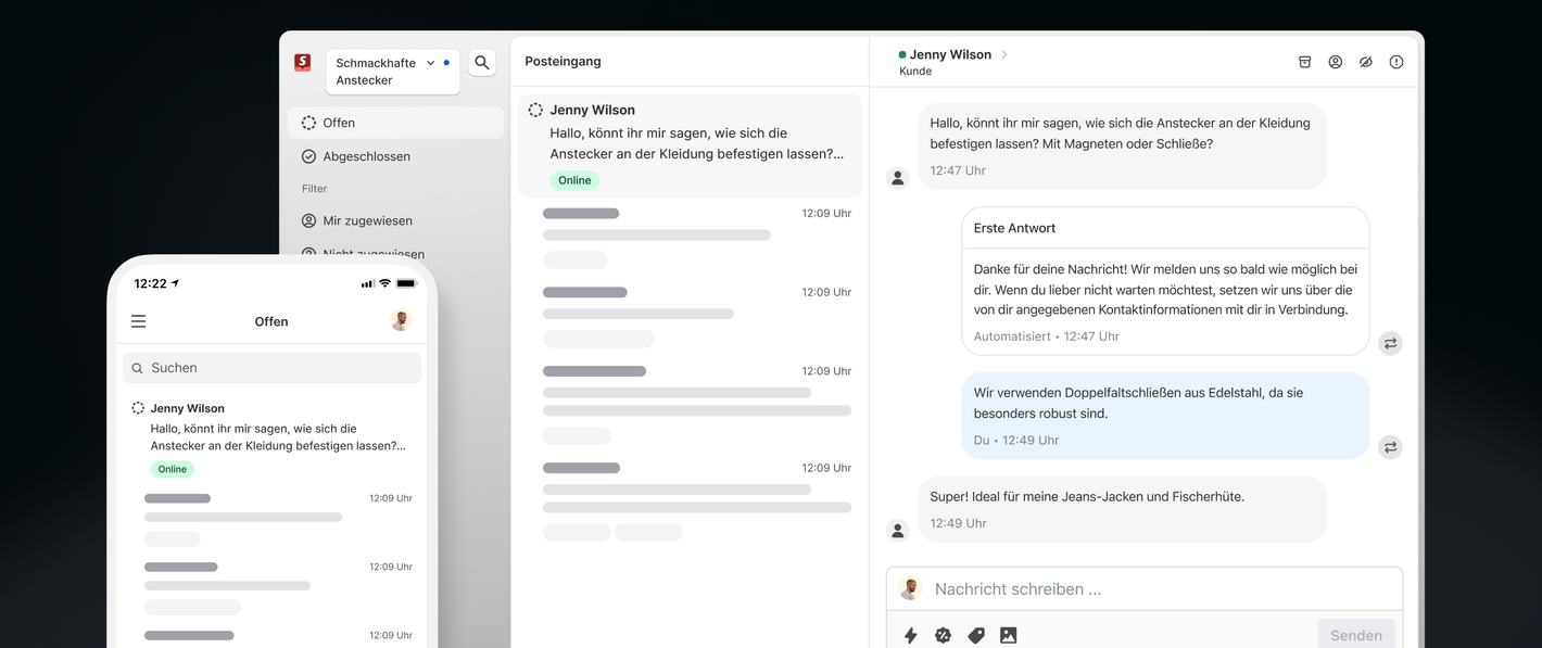 Ein Bildschirm der mobilen Version und der Desktop-Version von Shopify Inbox zeigt eine Nachricht der Kundin Jenny Wilson an.