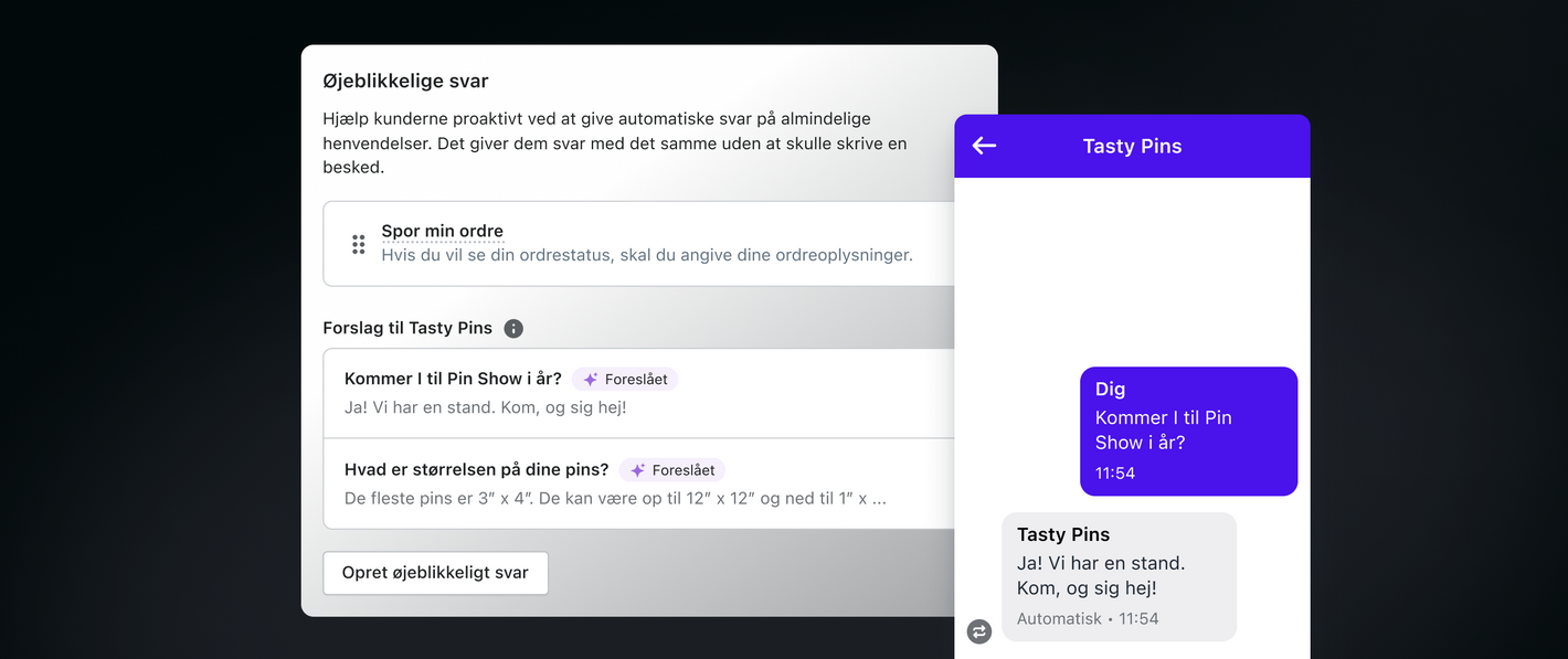 Brugerflade til øjeblikkeligt svar, der viser forslag til spørgsmål og svar på almindelige henvendelser. Et chatvindue i højre side viser en forhåndsvisning af et af forslagene.