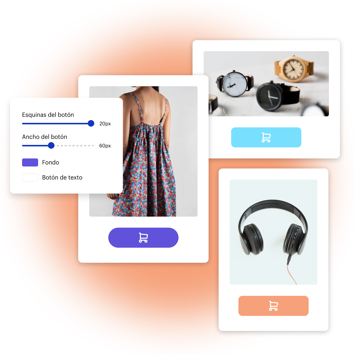 Tres interfaces. La primera muestra un vestido de flores a la venta con un botón para comprar ahora debajo. La segunda muestra un reloj a la venta con un botón para comprar ahora debajo. La tercera muestra auriculares a la venta con un botón para comprar ahora debajo. Cada uno de los botones para comprar ahora es único y se ha personalizado su color y tamaño.