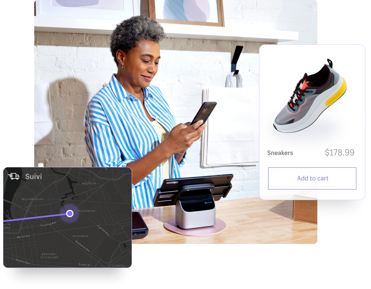 Un employé de boutique travaille derrière une caisse et tient un smartphone de PDV. Sur le comptoir, il y a une tablette de point de vente et un POS Terminal Shopify. Deux images se chevauchent : l’une indique le suivi de la livraison d’un article, tandis que l’autre affiche l’image d’un produit en ligne, à savoir une chaussure et son prix.