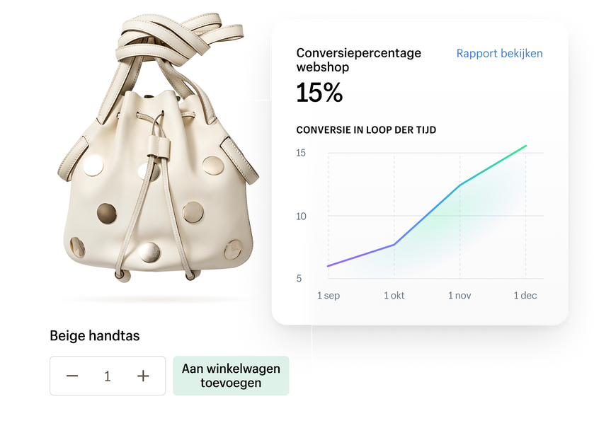 Groene trui in een toevoegen aan winkelwagentegel. Aan de rechterkant zweeft een lijngrafiek die het conversiepercentage van de webshop weergeeft.