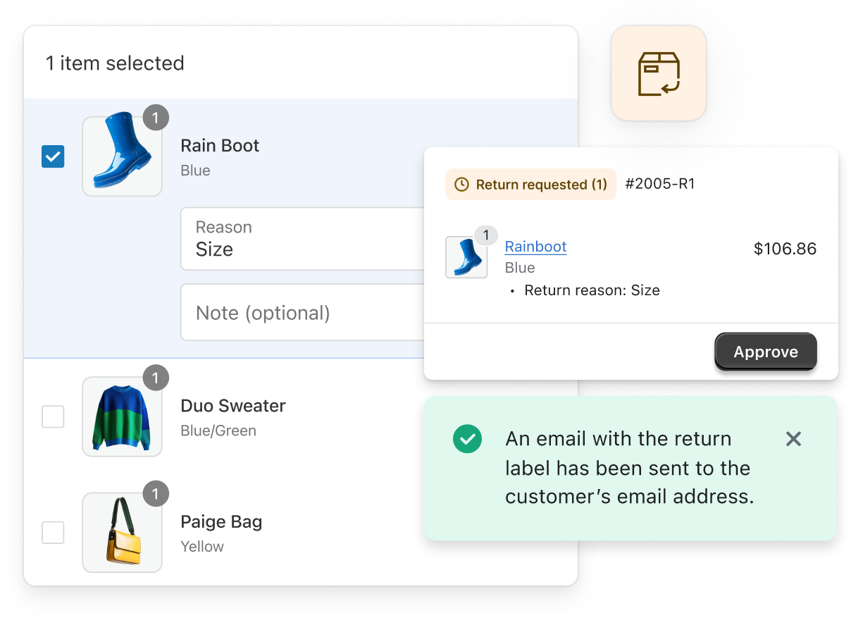 The image displays a computer screen with an open return request from a customer featuring jewelry items. There is a button at the top labeled "Request Return", indicating that the customer is requesting to return or exchange an item. The screen also shows a modal that allows someone to approve a return, as well as send an email to the customer notifying them about the return. The user is likely considering their options for returning or exchanging the jewelry item they received.