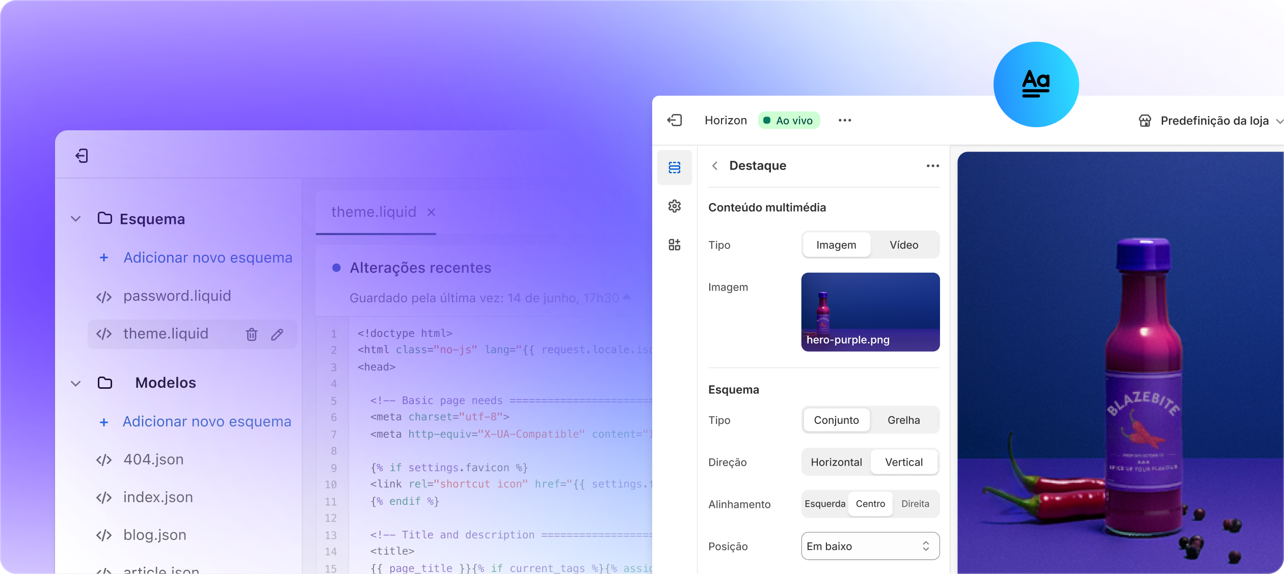 2 ecrãs: uma amostra de código Liquid e o editor de lojas online Shopify