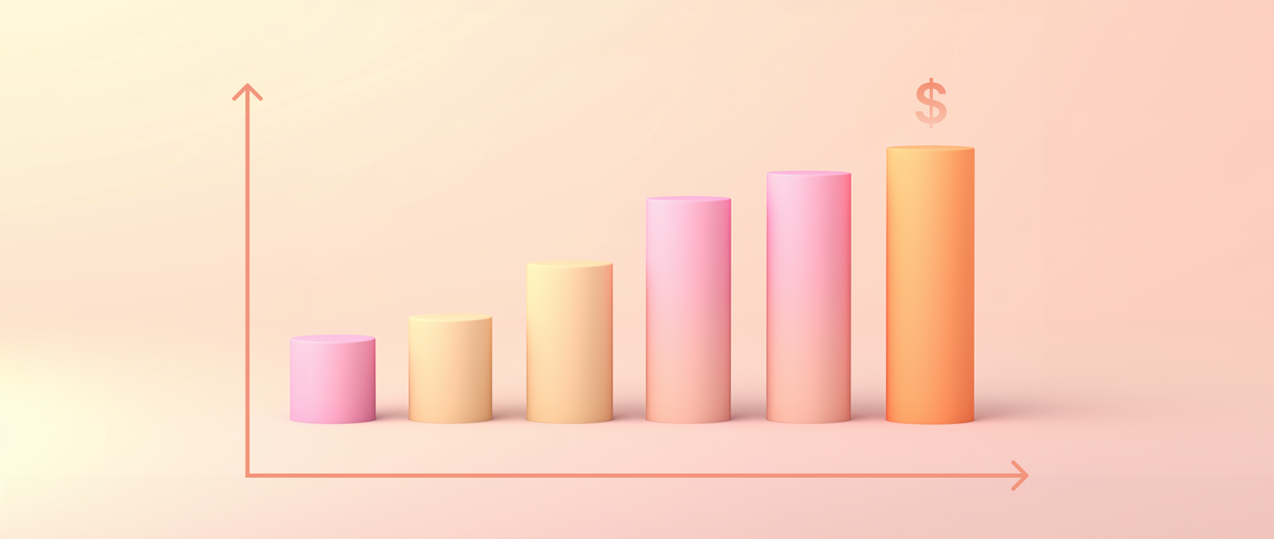Bar chart with cylindrical columns increasing in height, symbolizing sales growth.
