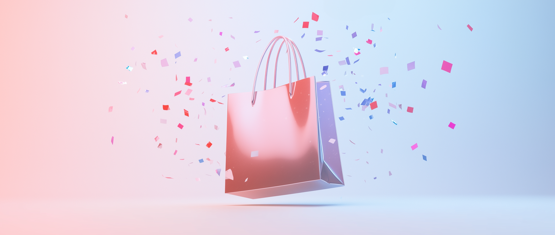 A shopping bag surrounded by confetti