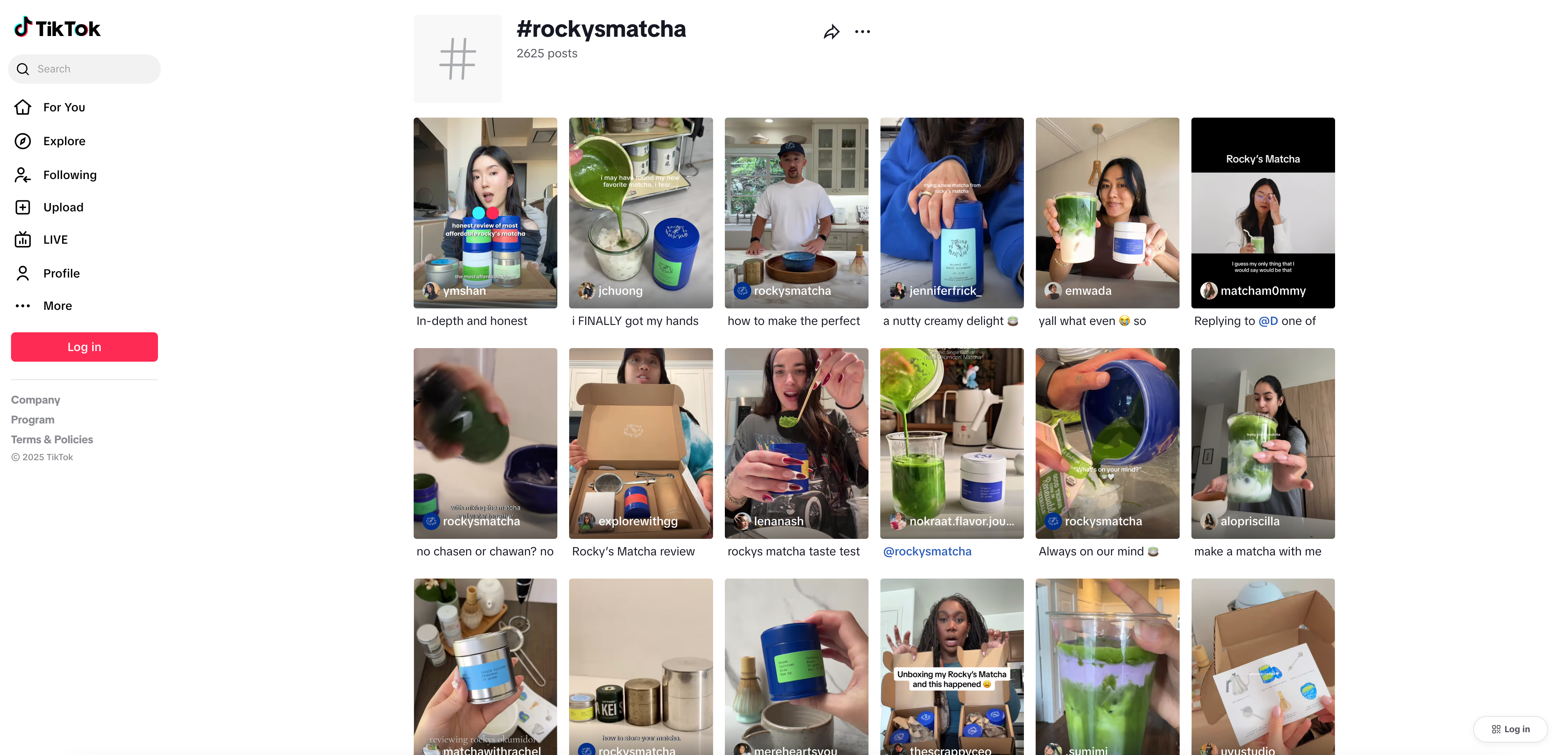 TikTok results page for Rocky’s Matcha, featuring the blue Rocky’s Matcha tin.