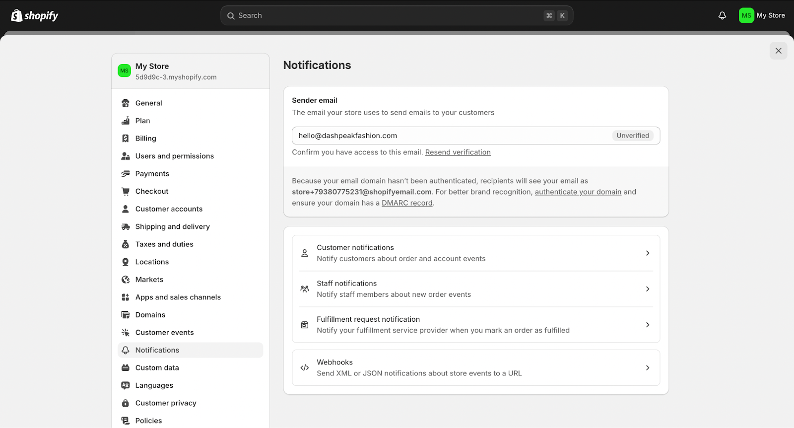 Shopify store admin Notifications section, with sender email, customer notifications and other fields.