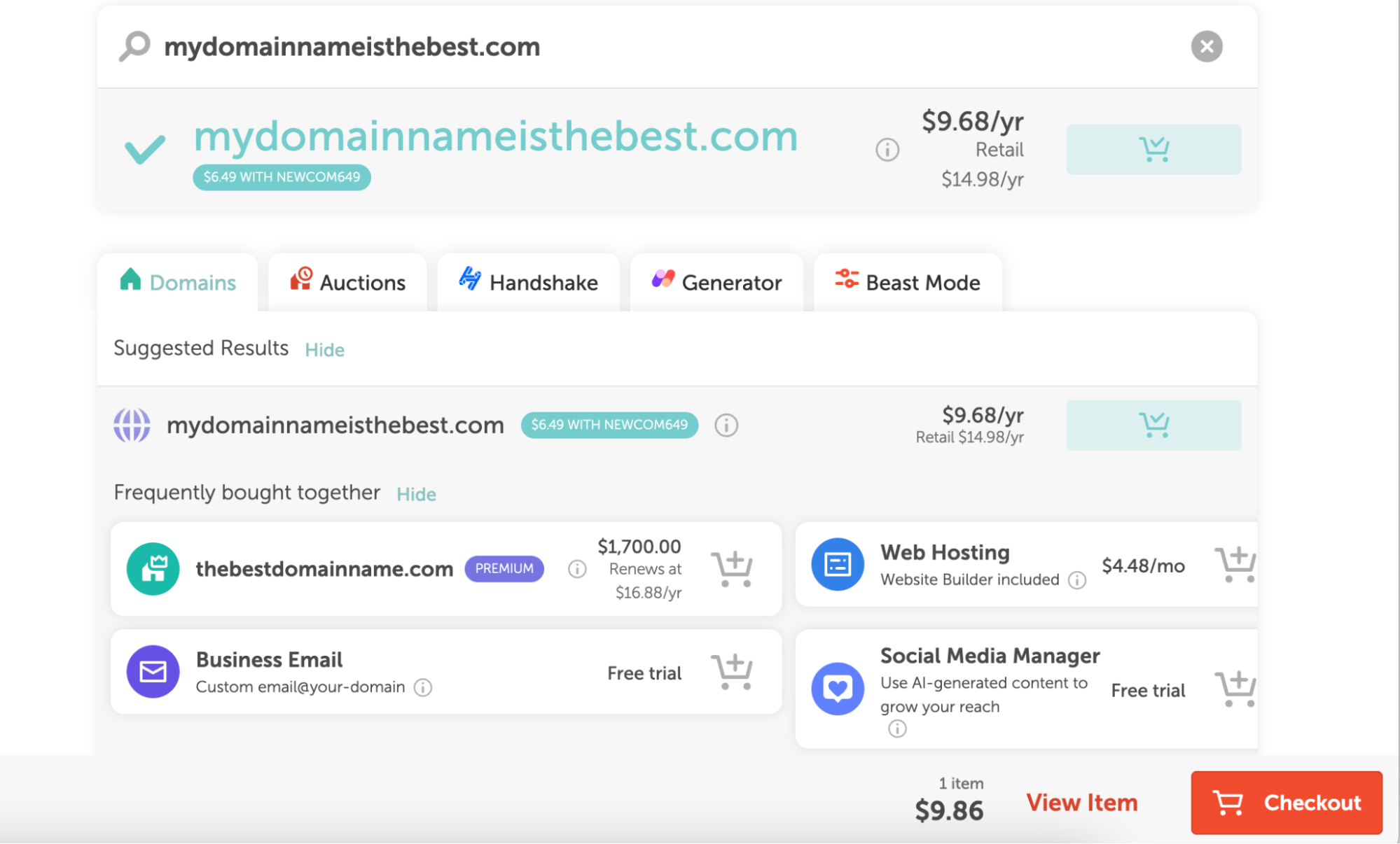 Additional Namecheap services include business email, social media manager, and website hosting.