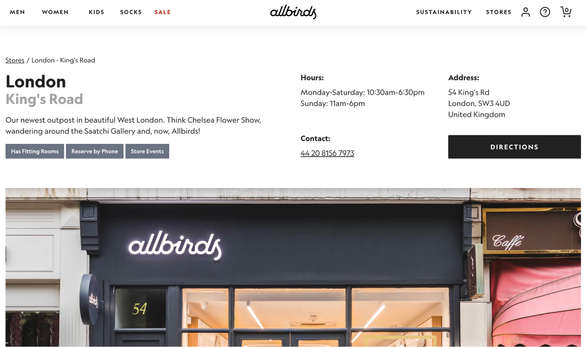 Allbirds’ London, Englandlanding page showing the opening hours, phone number, and address.