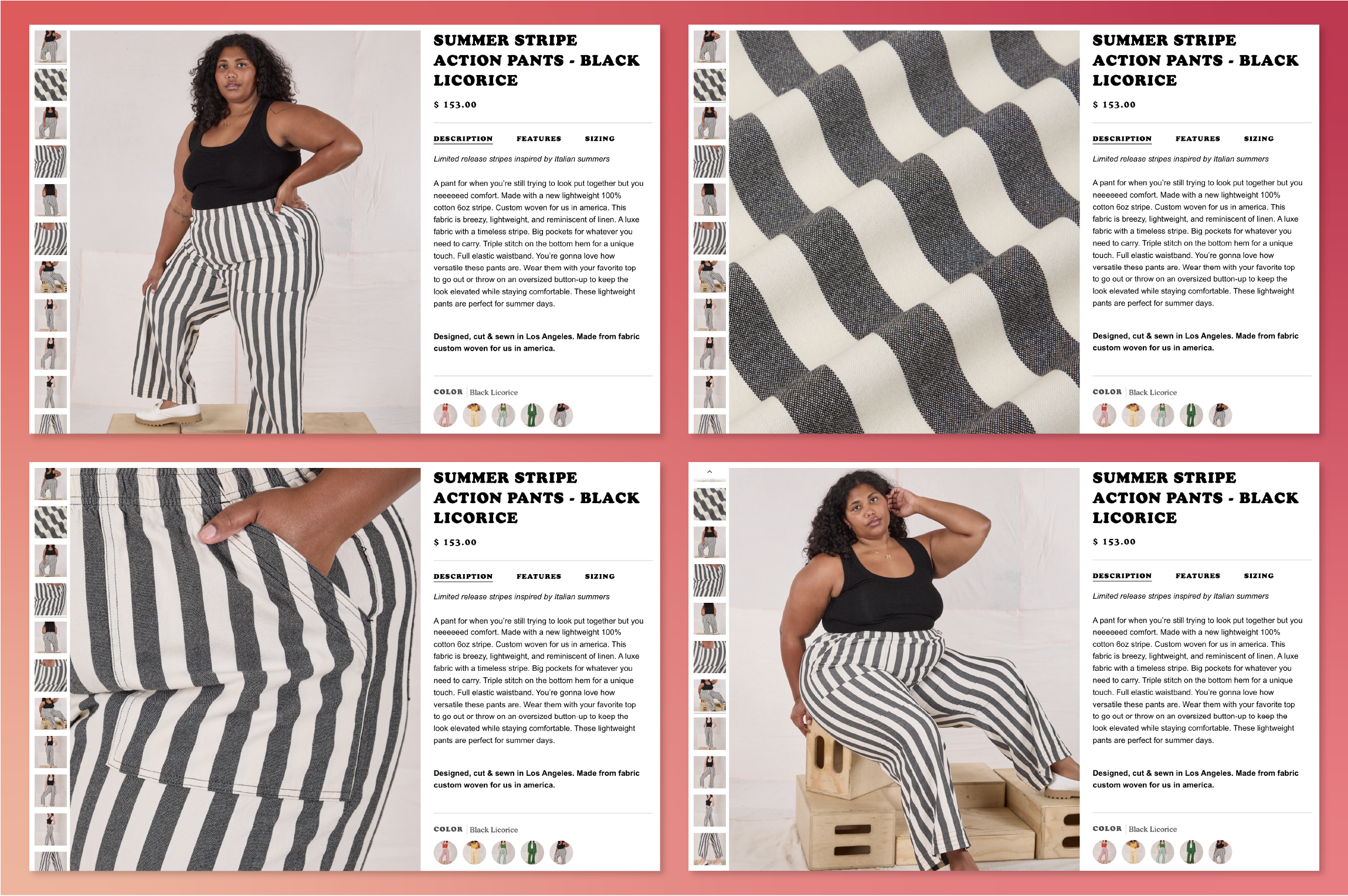 A model shows off Big Bud Press’s summer stripe action pants with different poses.