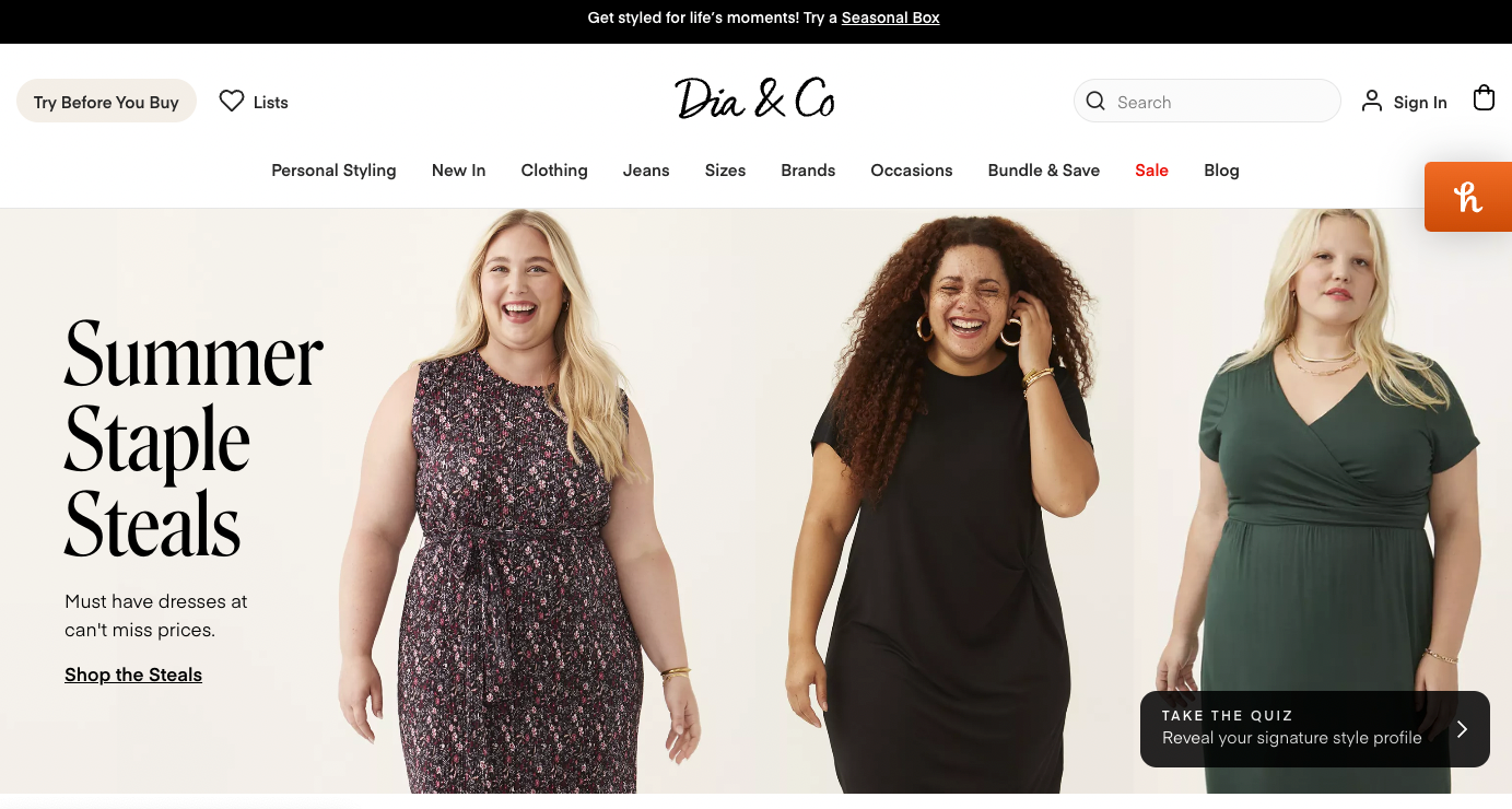 Dia & Co. homepage with 3 women wearing their dresses and “summer staple steals” promoting sales.