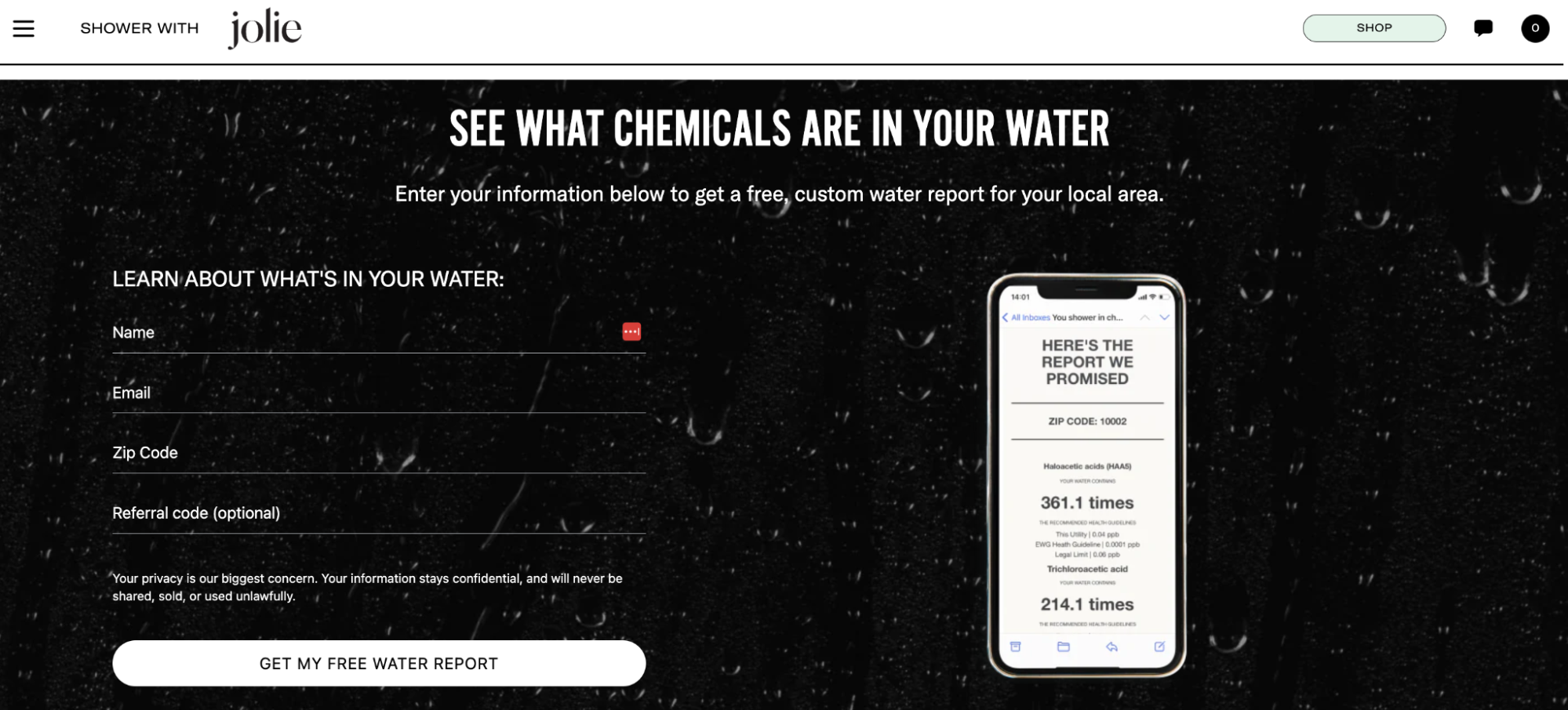 Minimalist black and white landing page for Jolie's water quality report.