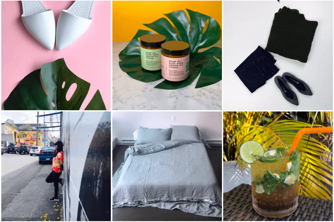 Six images from the Life Lapse app showing shoes, hemp oil, a bed, and a cocktail.