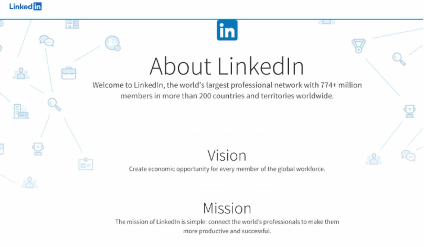 LinkedIn vision and mission text on white background.