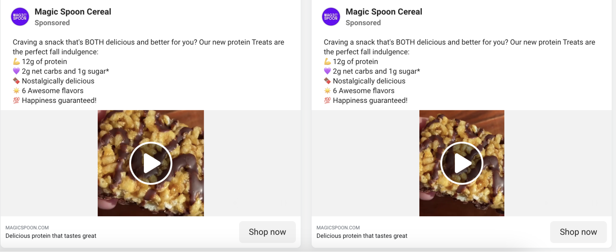 Two Facebook video ad examples for a protein breakfast bar.