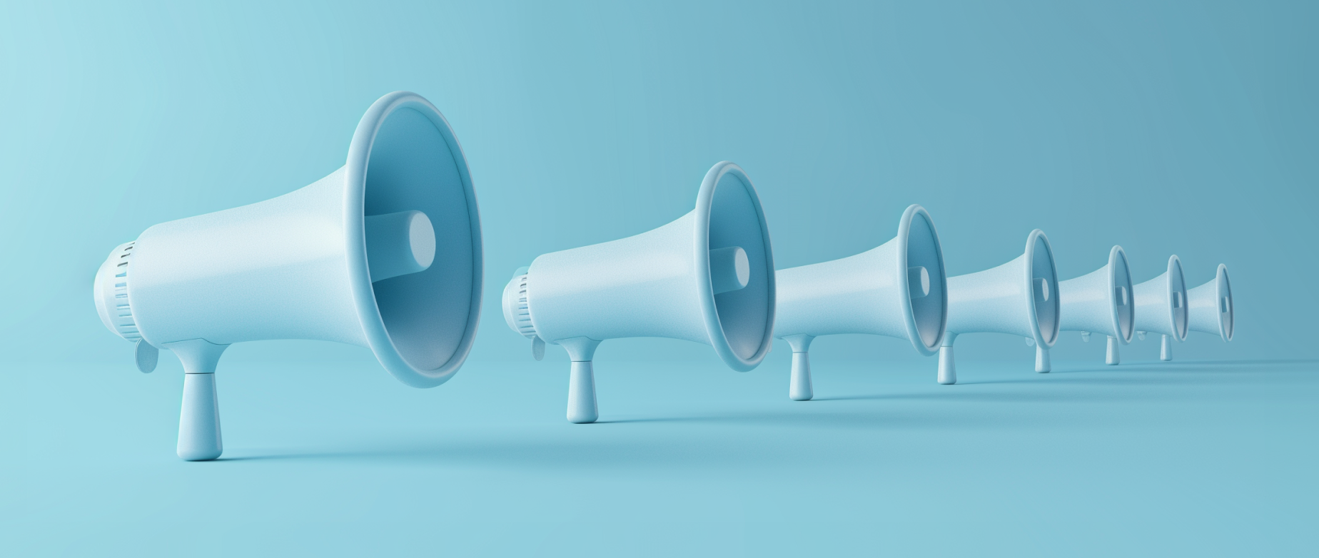 A blue-colored line of megaphones receding into the distance: market size