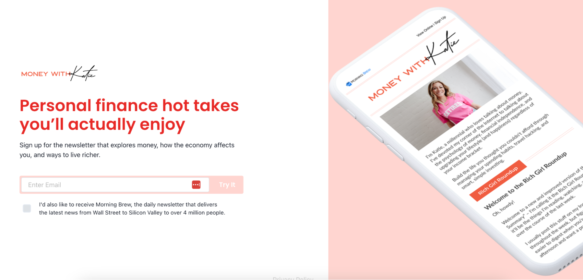 Money with Katie's millennial pink landing page with founder photo and email signup CTA form.