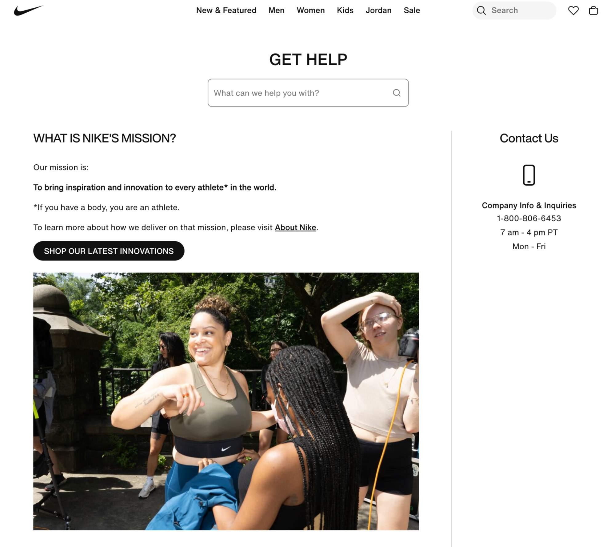 Nike mission statement text with diverse group in park.