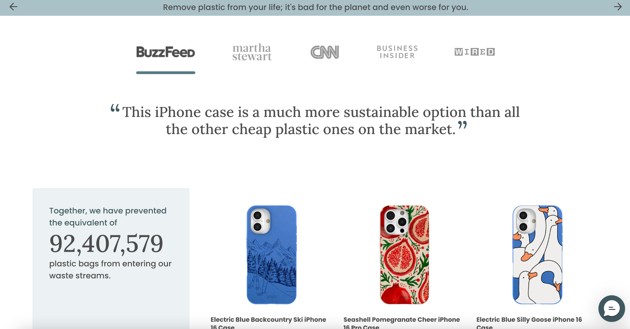 Pela phone cases with sustainability message and plastic bag impact.