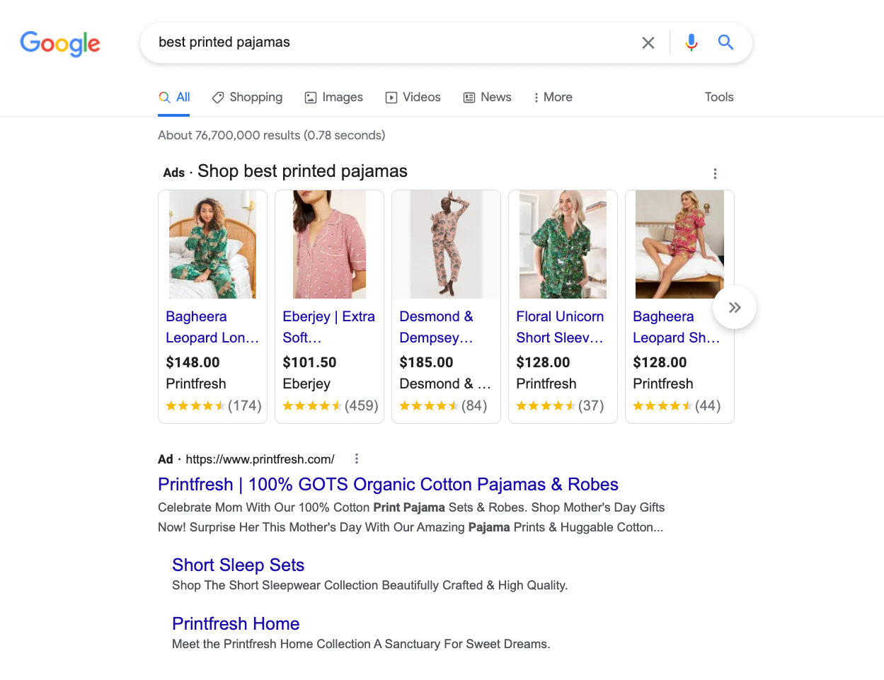 Printfresh buys paid ad space for the term “best printed pajamas.”