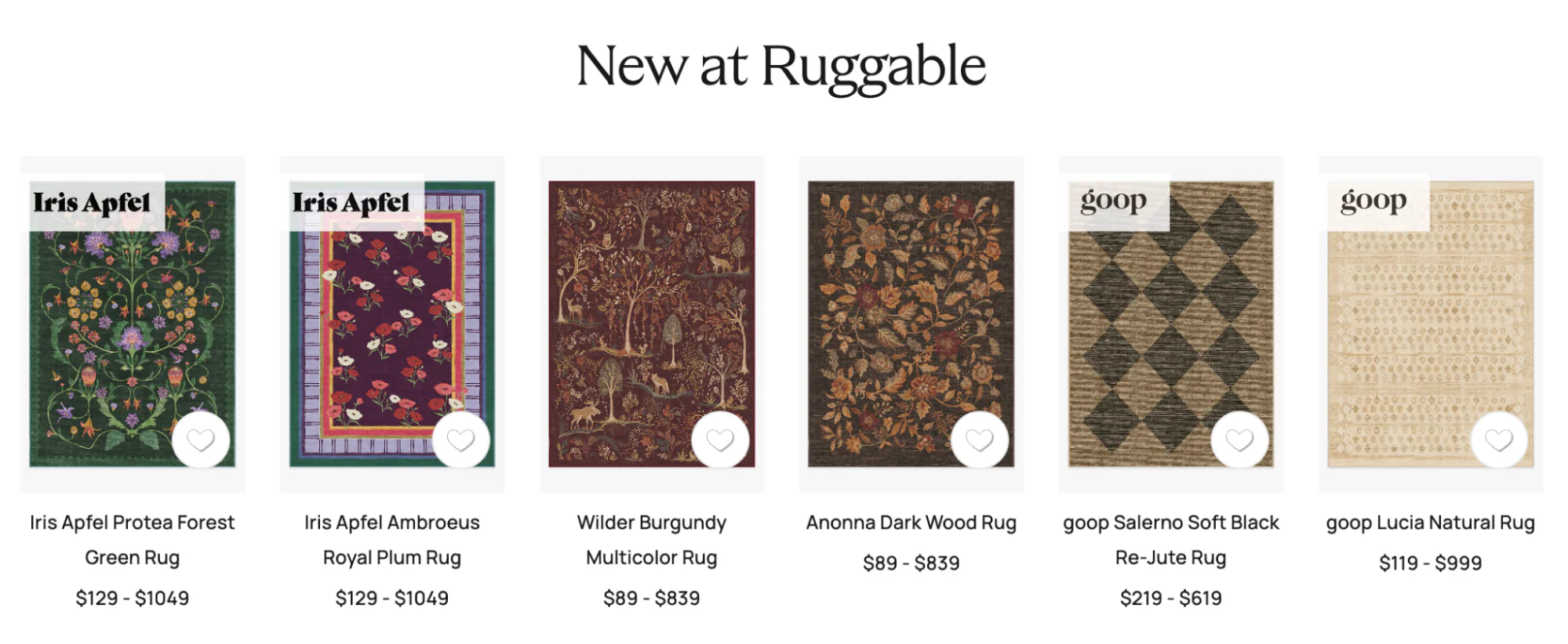 Six patterned rugs from Ruggable showing a range of odd-even prices.