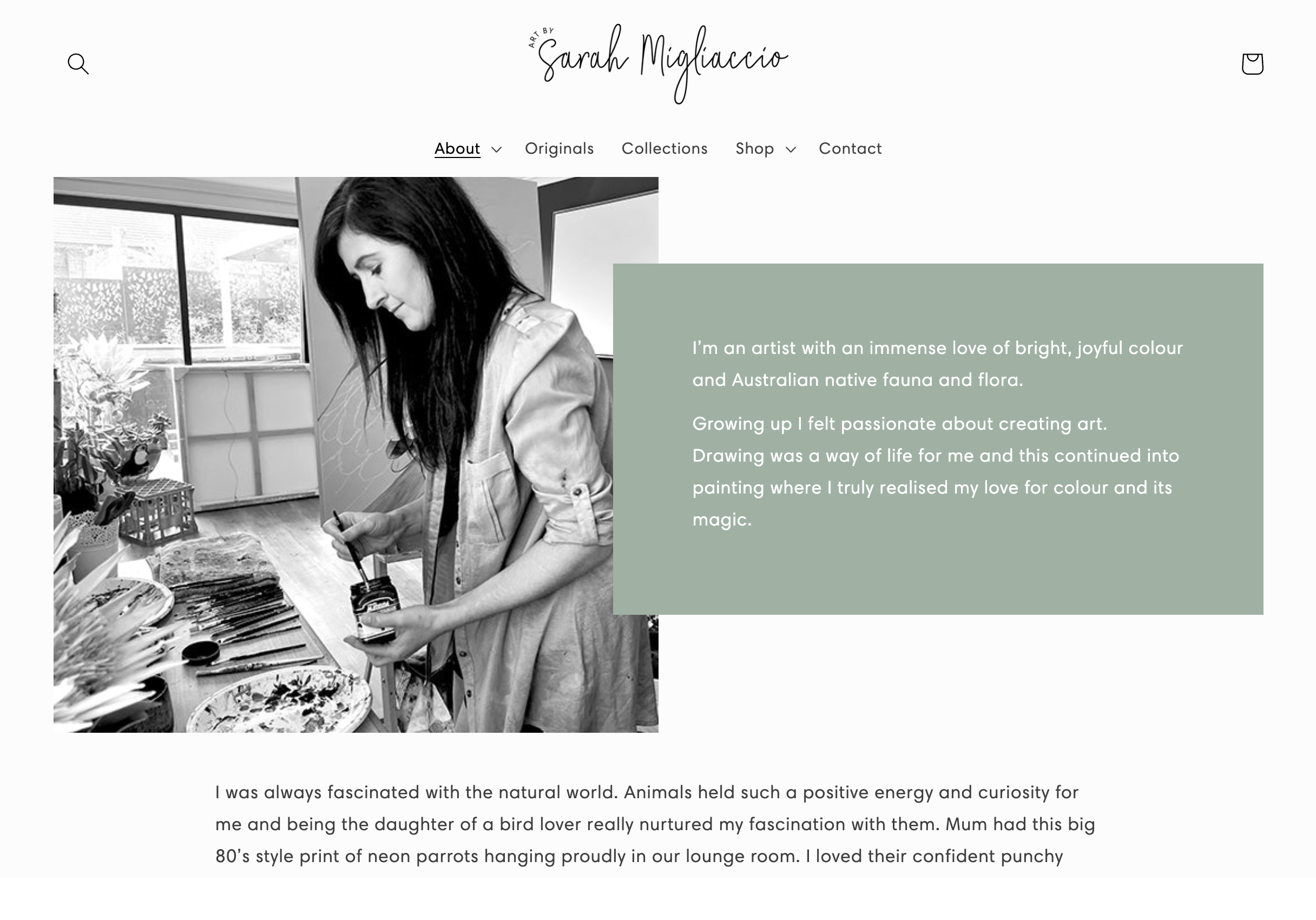 An about page on the website of an Australian artist selling art online