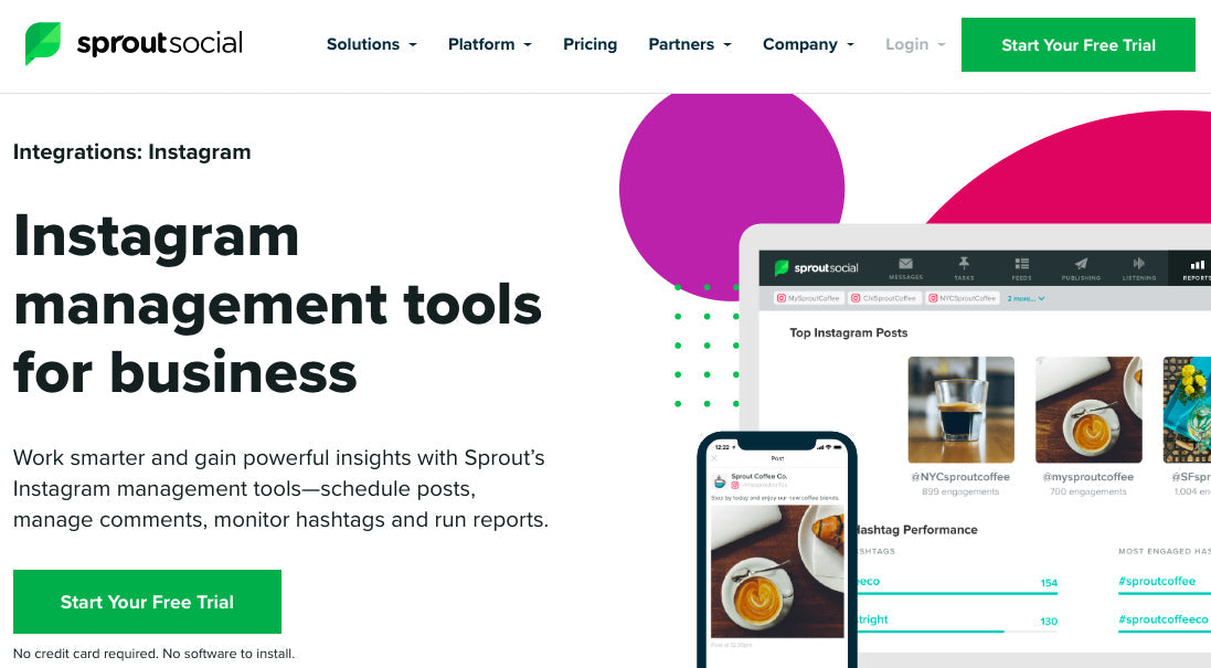 Sprout Social's dashboard with an Instagram feed image of a coffee.