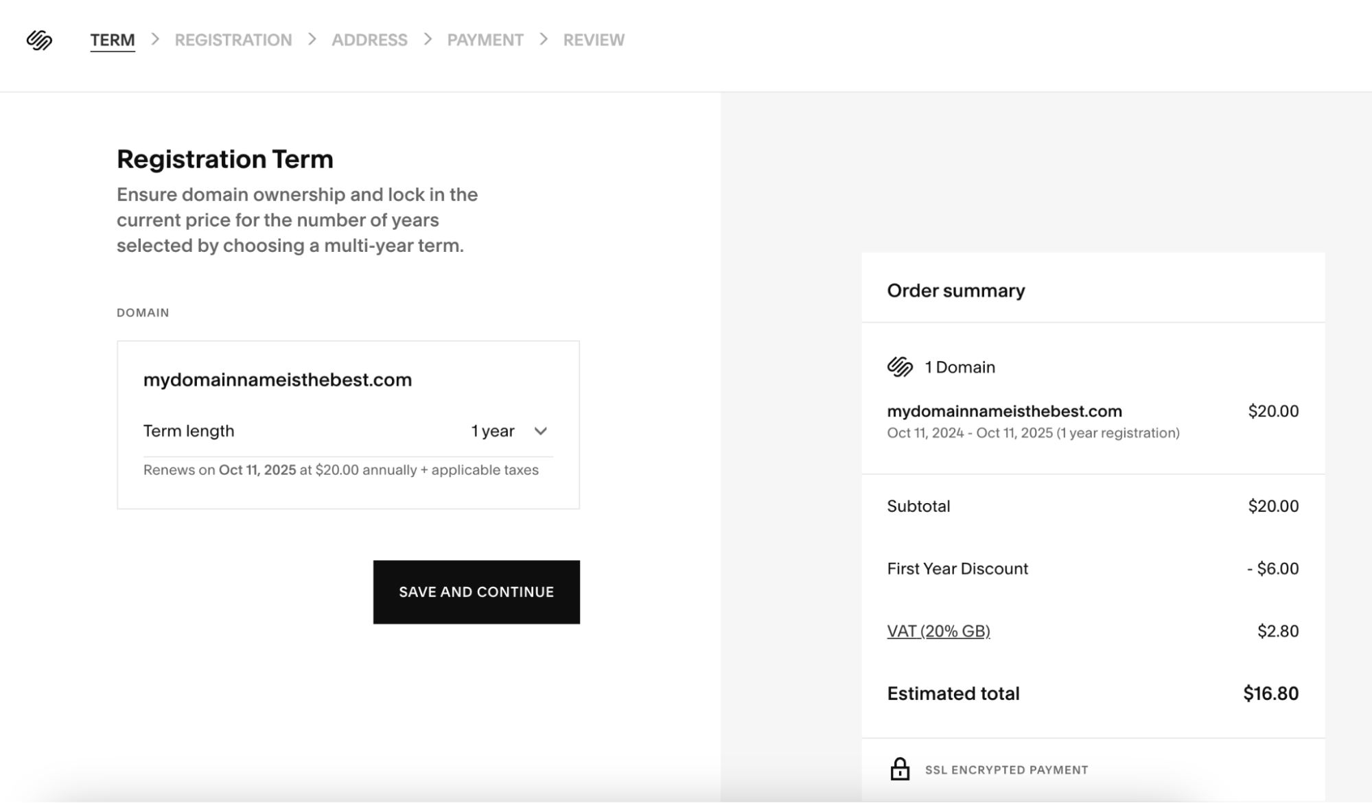 Screenshot of the Squarespace registration terms for a one-year domain contract.