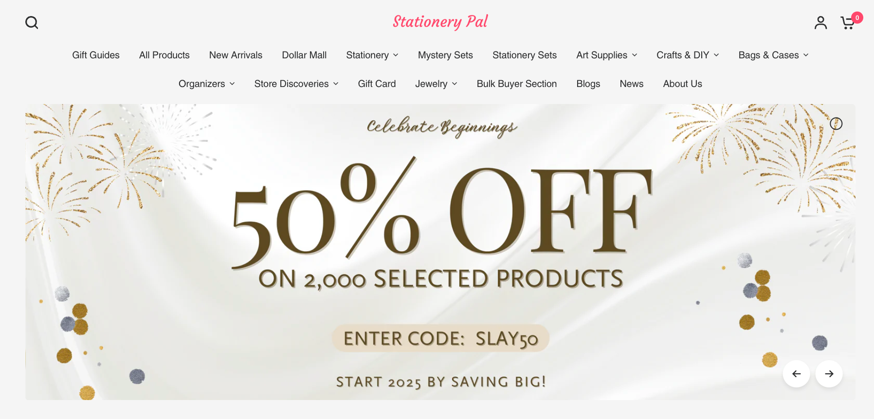 Stationery Pal’s homepage featuring its 2025 sale with 50% off.