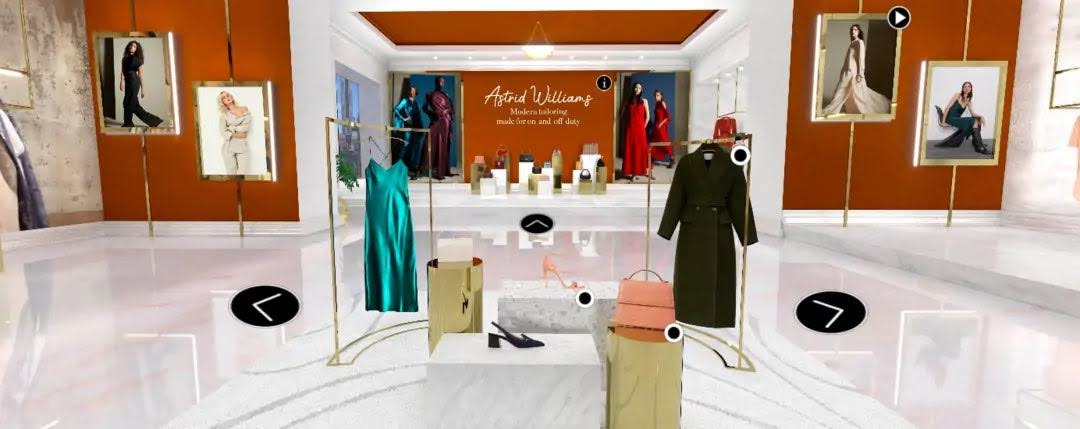 A virtual store with white floors and orange walls. There’s a dress and a coat on hangers.