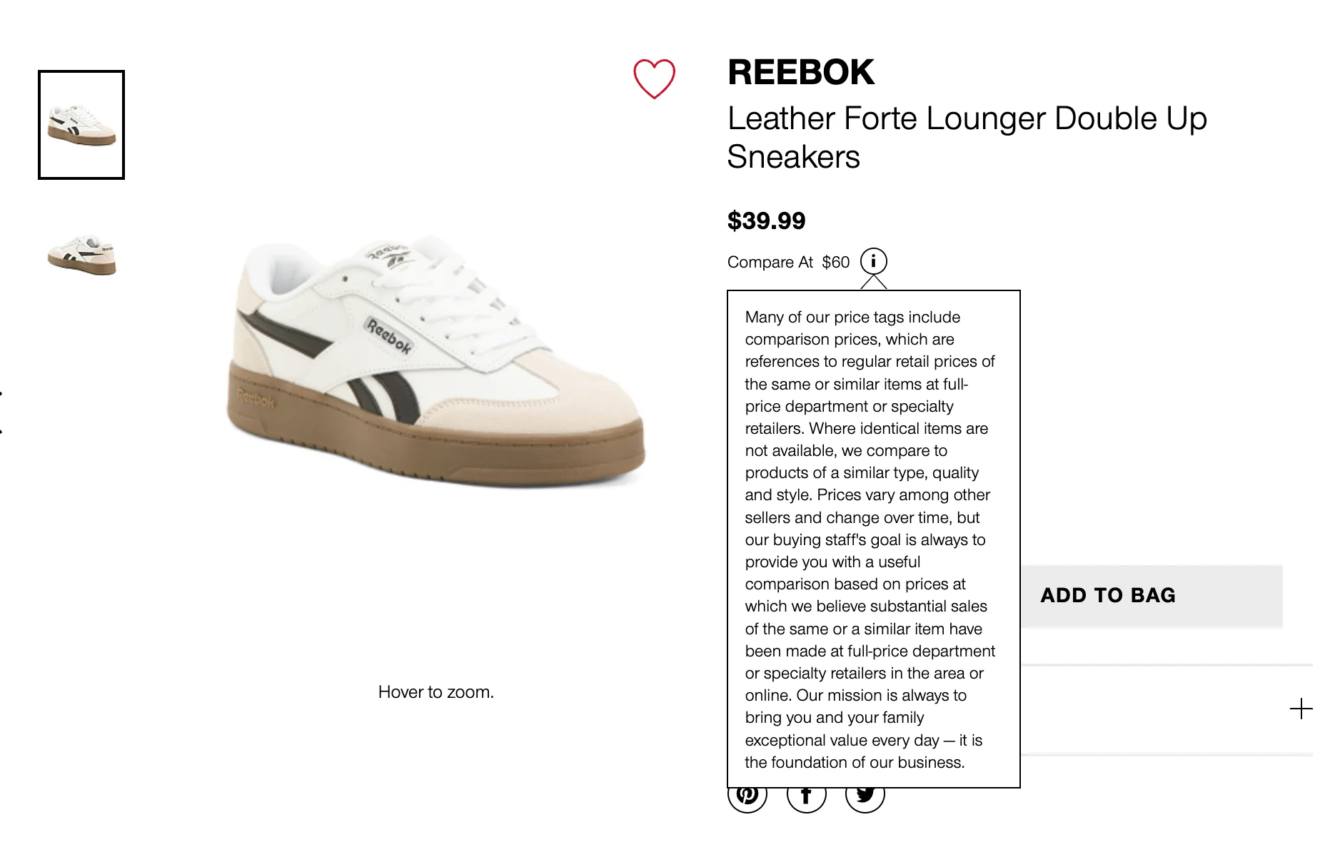 Product page showing a white and cream Reebok sneaker with black stripes.