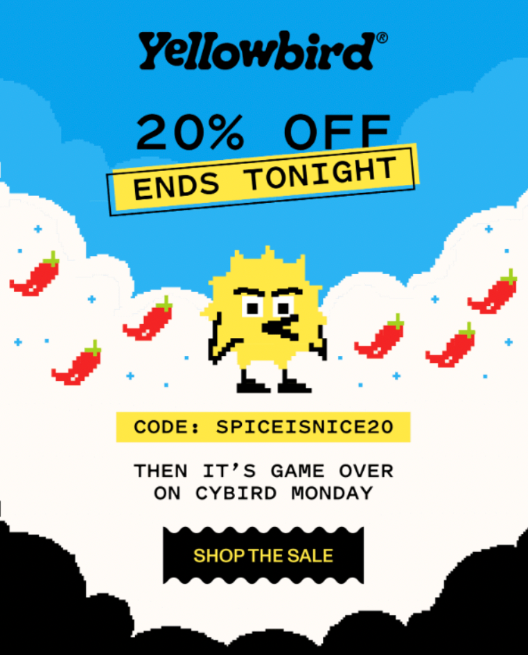 Yellowbird’s Black Friday Cyber Monday email with a pixelated graphic of a bird and chili peppers.