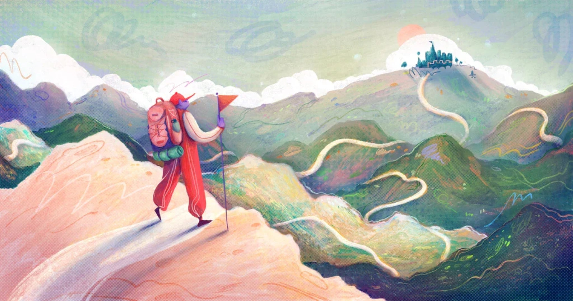 一个人背着双肩包拿着小红旗翻山越岭走向远处的城堡和太阳，象征创业起步
