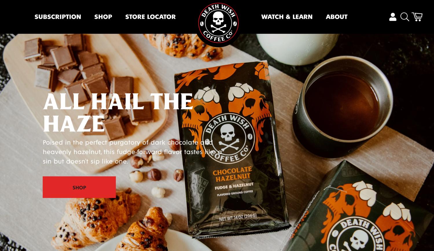 Death Wish Coffee页面显示一包咖啡,巧克力,可颂面包等