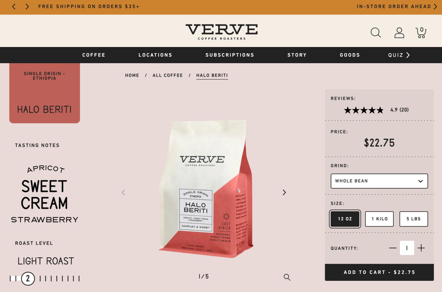 Verve Coffee Roasters页面显示一袋咖啡及价格等信息