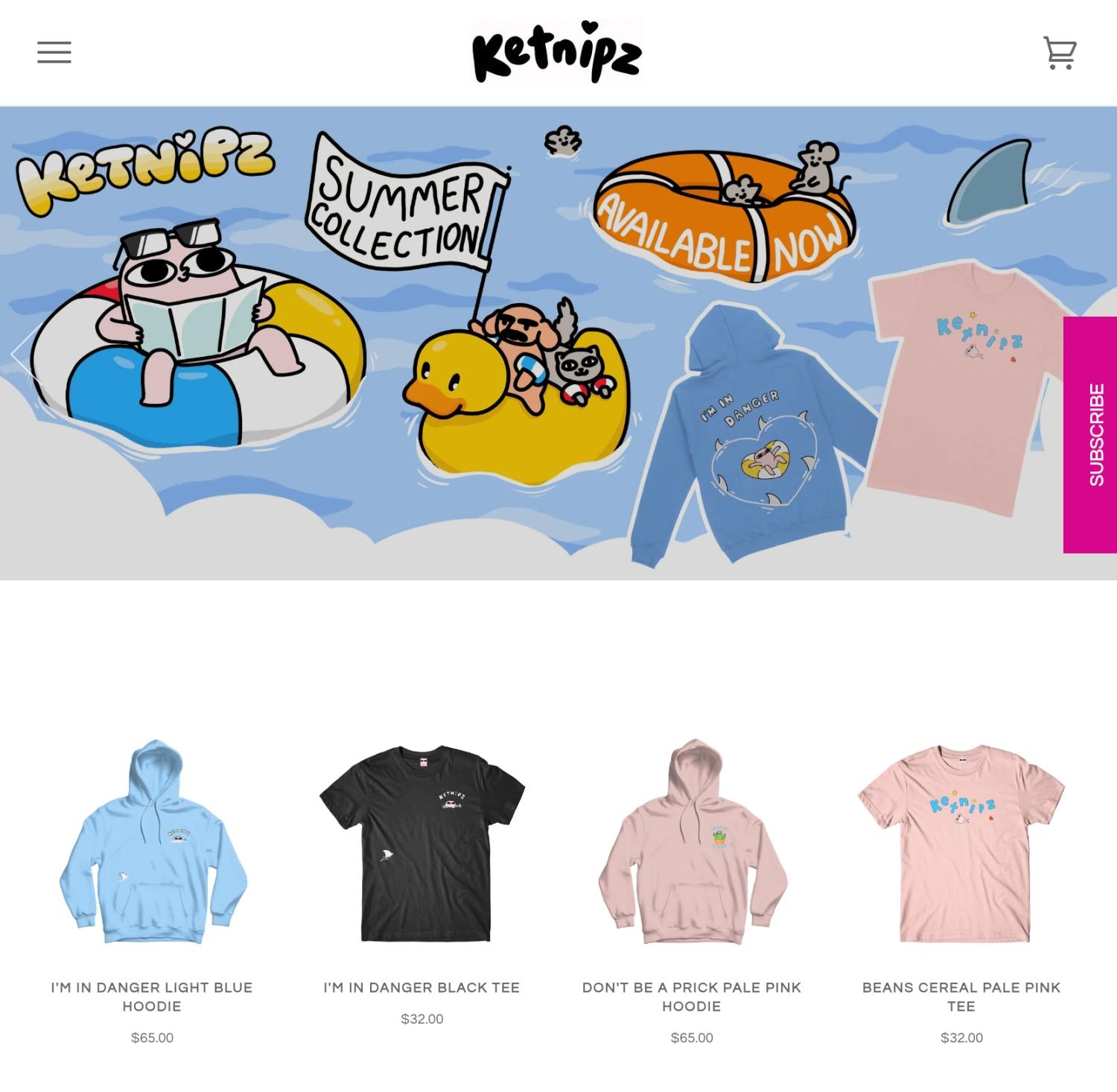 Ketnipz页面显示一些T恤衫等在夏季氛围的背景图上