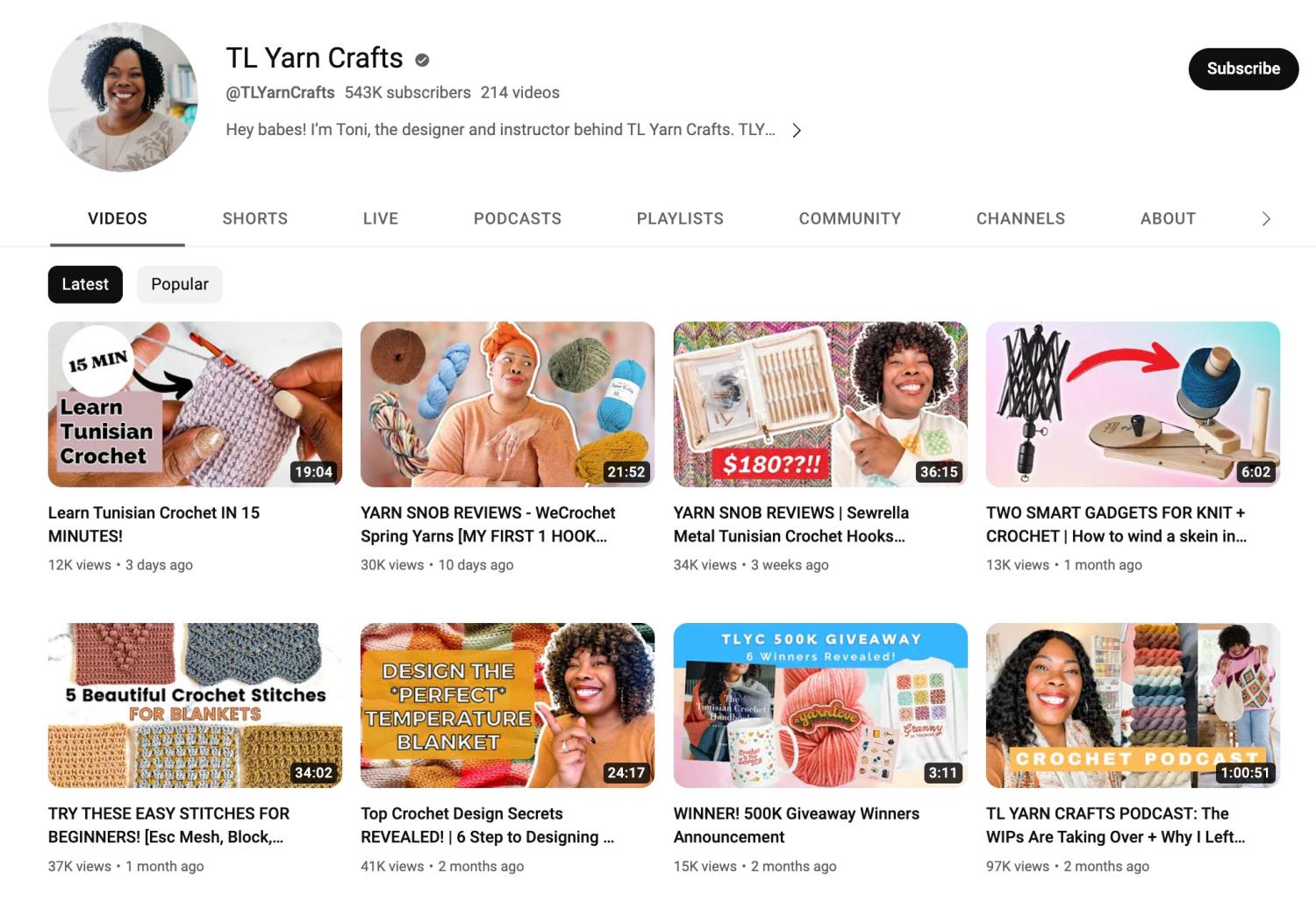 展示缩略图的YouTube频道截图