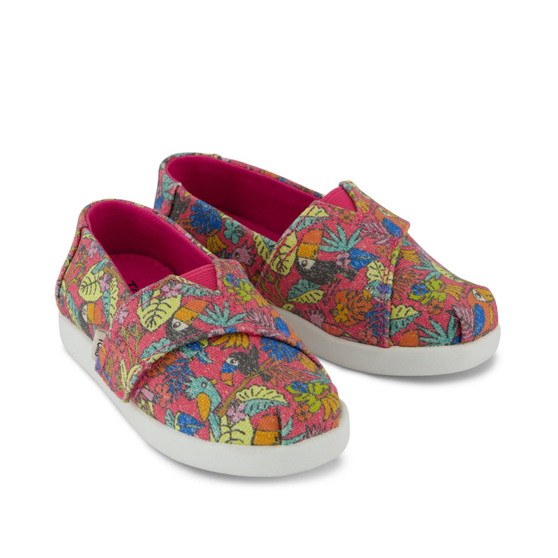 Alpargata Classic Toddler Shoe - Fuchsia Birds of Paradise Print Front View Alpargata Classic Toddler Shoe - Fuchsia Birds of Paradise Print Front View