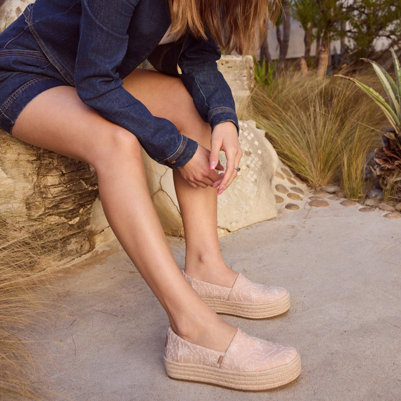 On figure image of the Apricot Tropical Eyelet Valencia Espadrilles On figure image of the Apricot Tropical Eyelet Valencia Espadrilles