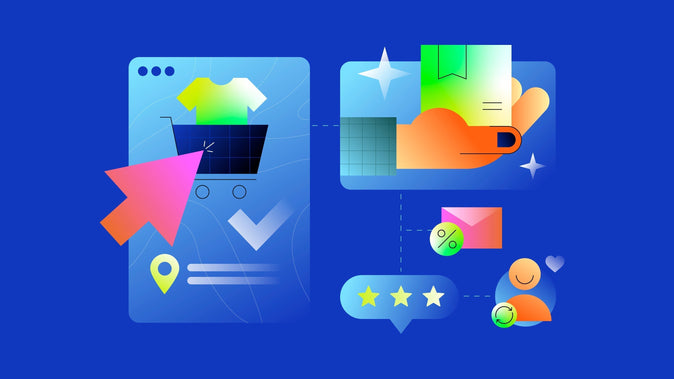 Vibrant illustration showcasing digital marketing elements like a shopping cart, cursor, satisfaction rating, and customer feedback on a vivid blue background.