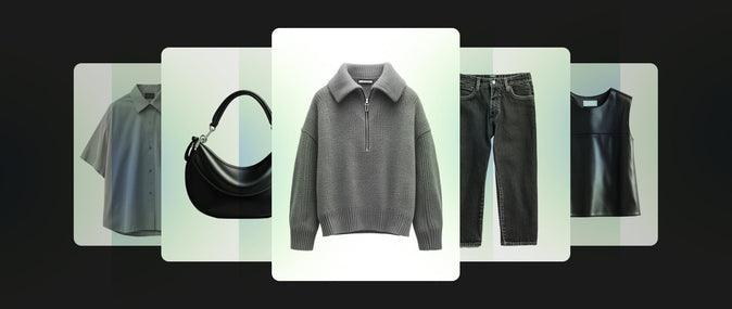 Collage of fashion items including a shirt, handbag, sweater, jeans, and leather top on a gradient background.