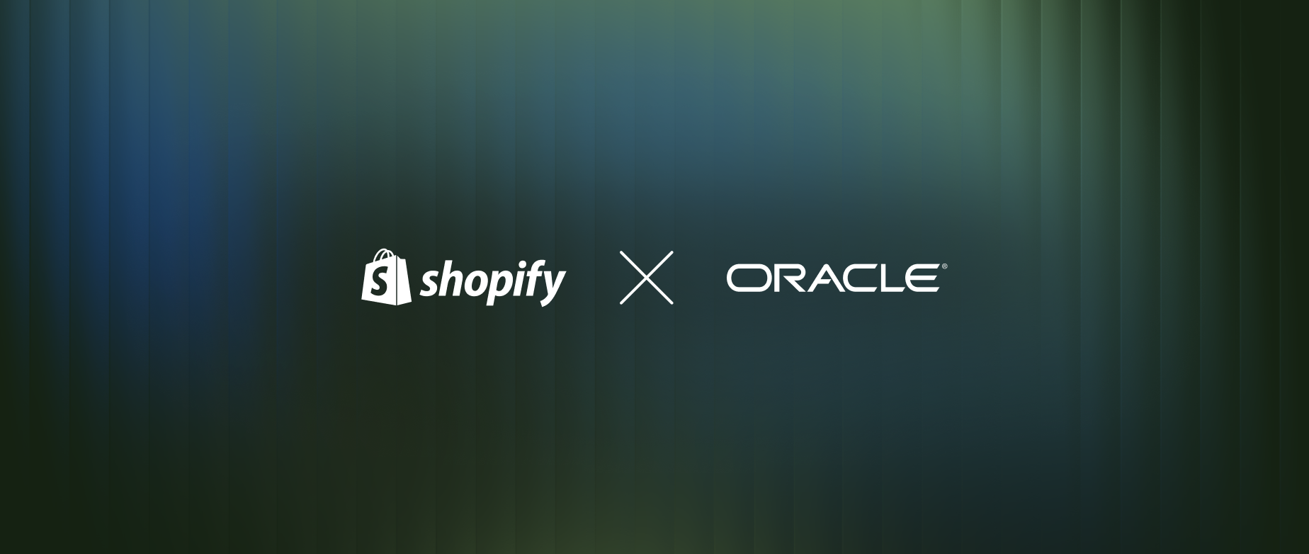 Shopify and Oracle logos on a dark blue gradient background, separated by a white 'X' symbol, indicating a collaboration.